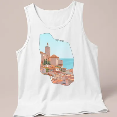Watercolor coastal village scene with 'spain' text in soft colors — printed on a tank top