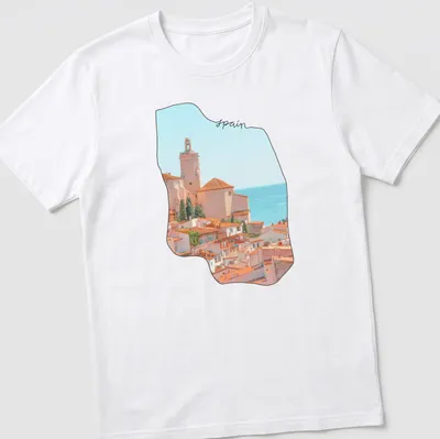 Watercolor coastal village scene with 'spain' text in soft colors