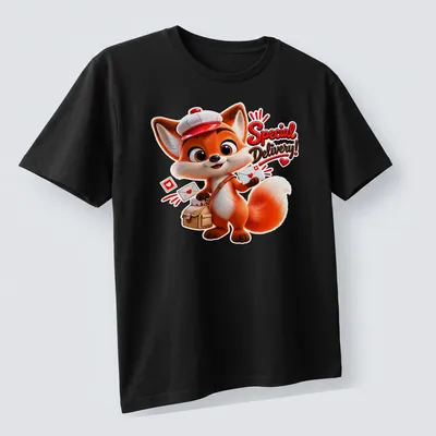 Kawaii style fox mail carrier t-shirt with vibrant colors and cheerful design — printed on a unisex t-shirt (angled view)