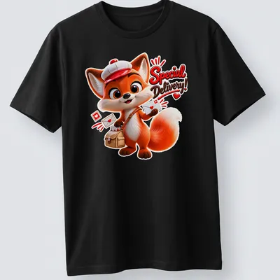 Kawaii style fox mail carrier t-shirt with vibrant colors and cheerful design