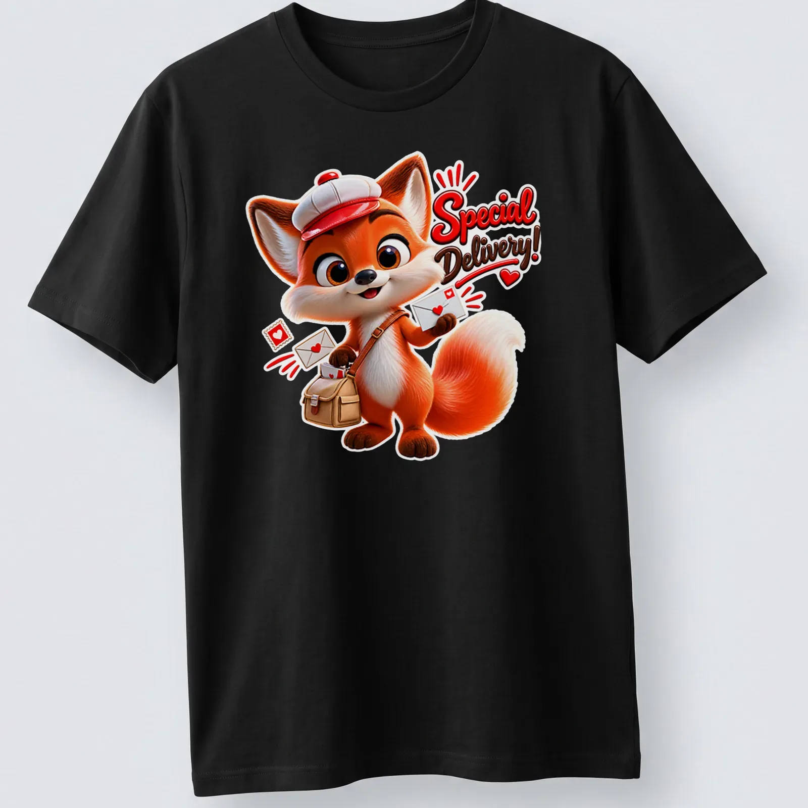 Kawaii style fox mail carrier t-shirt with vibrant colors and cheerful design — printed on a unisex t-shirt
