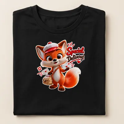 Kawaii style fox mail carrier t-shirt with vibrant colors and cheerful design — printed on a women's shirt