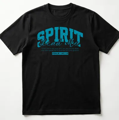 Modern typography of a Bible verse in turquoise and white on T-shirt.