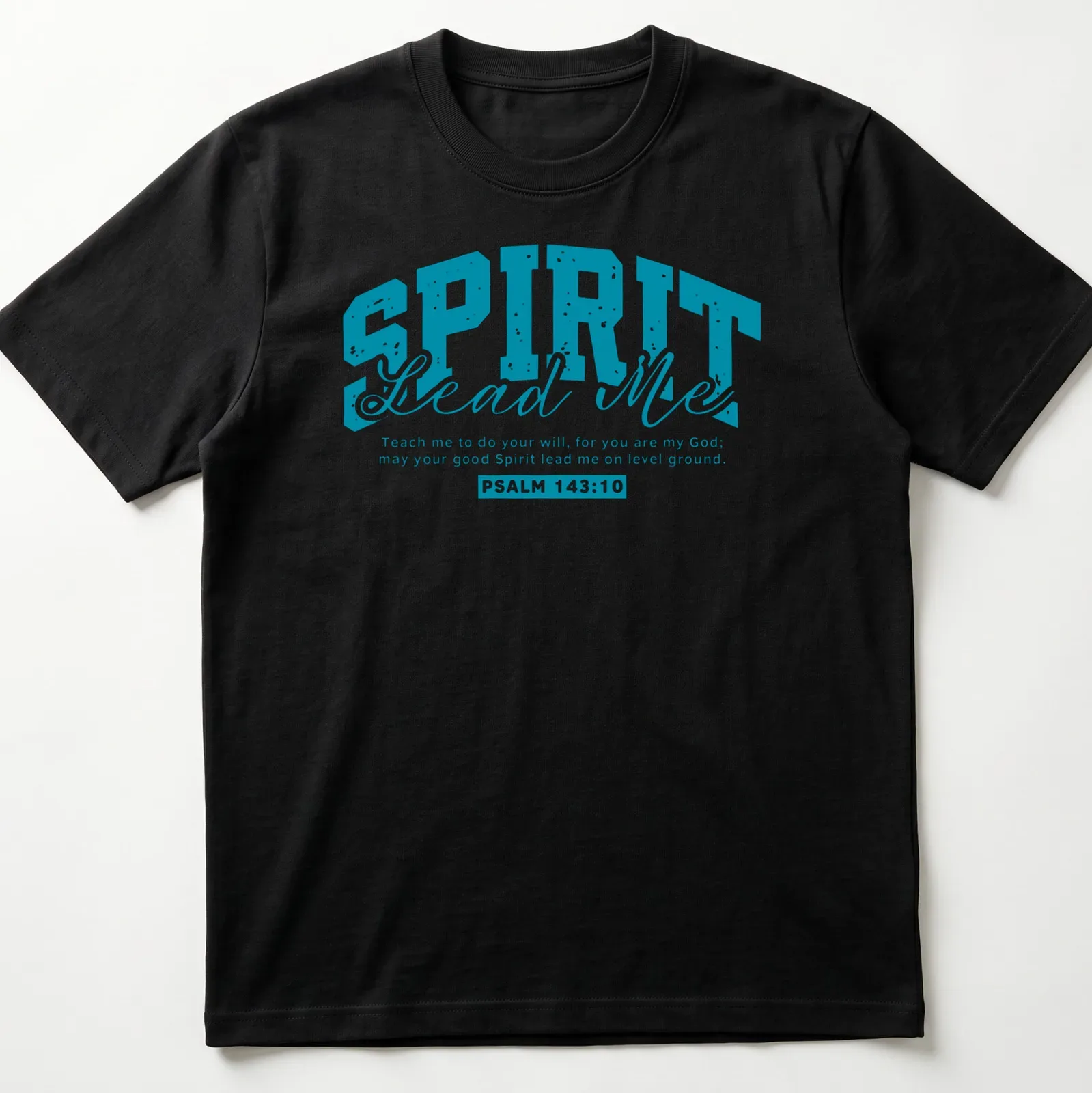 Modern typography of a Bible verse in turquoise and white on T-shirt. — printed on a unisex t-shirt