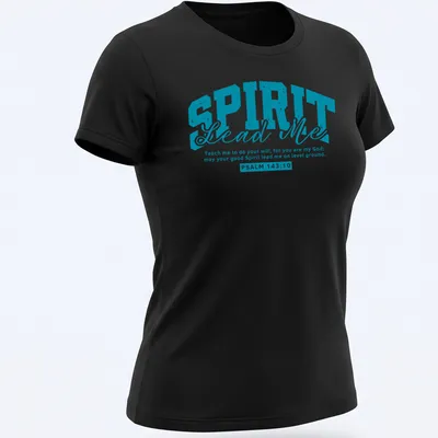 Modern typography of a Bible verse in turquoise and white on T-shirt. — printed on a women's shirt