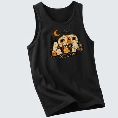 Retro illustration of friendly ghosts around a campfire with text Spooky Campfire Ghosts — printed on a tank top
