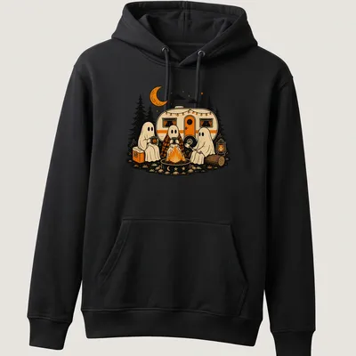 Retro illustration of friendly ghosts around a campfire with text Spooky Campfire Ghosts — printed on a unisex hoodie