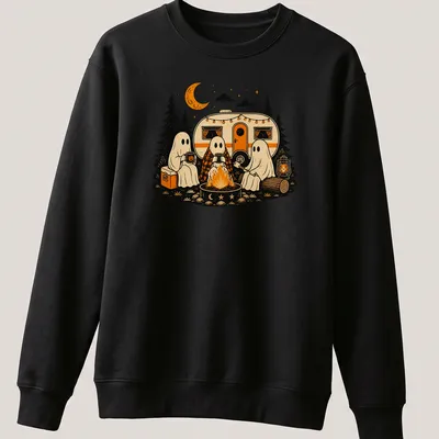 Retro illustration of friendly ghosts around a campfire with text Spooky Campfire Ghosts — printed on a unisex sweatshirt