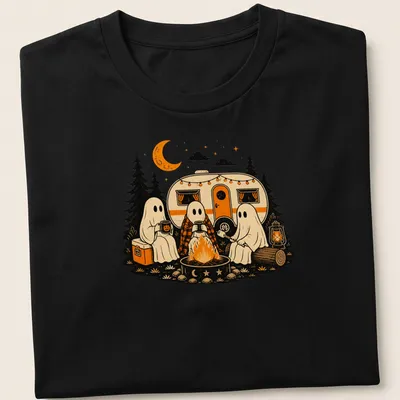 Retro illustration of friendly ghosts around a campfire with text Spooky Campfire Ghosts
