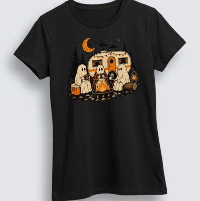 Retro illustration of friendly ghosts around a campfire with text Spooky Campfire Ghosts — printed on a women's shirt