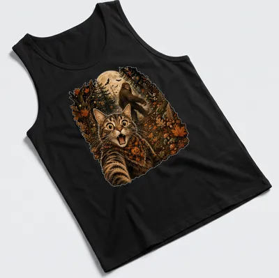 Detailed illustration of a cat taking a selfie with Sasquatch in Halloween colors — printed on a tank top