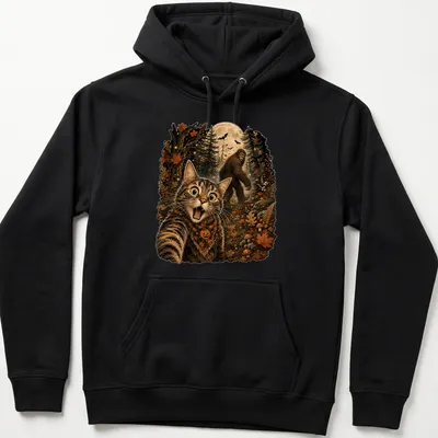 Detailed illustration of a cat taking a selfie with Sasquatch in Halloween colors — printed on a unisex hoodie