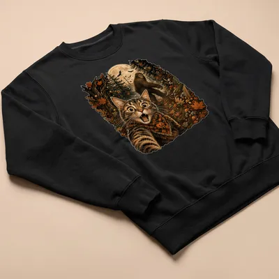 Detailed illustration of a cat taking a selfie with Sasquatch in Halloween colors — printed on a unisex sweatshirt