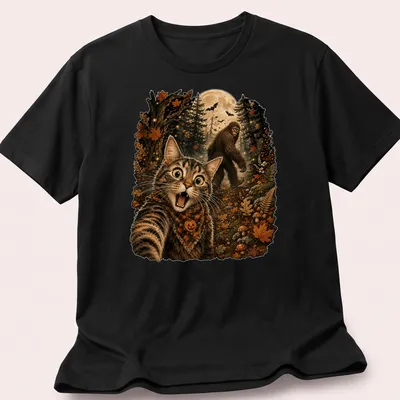 Detailed illustration of a cat taking a selfie with Sasquatch in Halloween colors