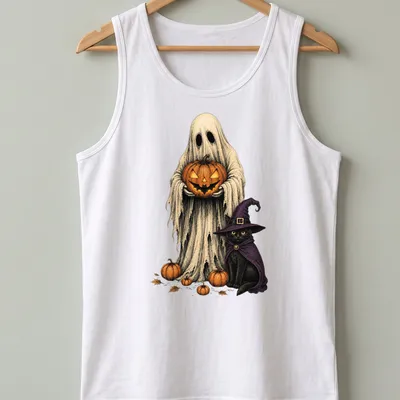 Vintage illustration of a spooky ghost and black cat next to a pumpkin in Halloween colors — printed on a tank top