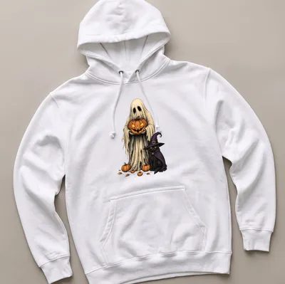 Vintage illustration of a spooky ghost and black cat next to a pumpkin in Halloween colors — printed on a unisex hoodie