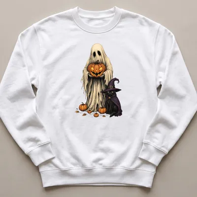 Vintage illustration of a spooky ghost and black cat next to a pumpkin in Halloween colors — printed on a unisex sweatshirt