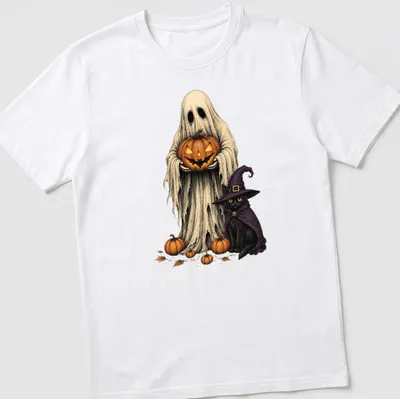 Vintage illustration of a spooky ghost and black cat next to a pumpkin in Halloween colors