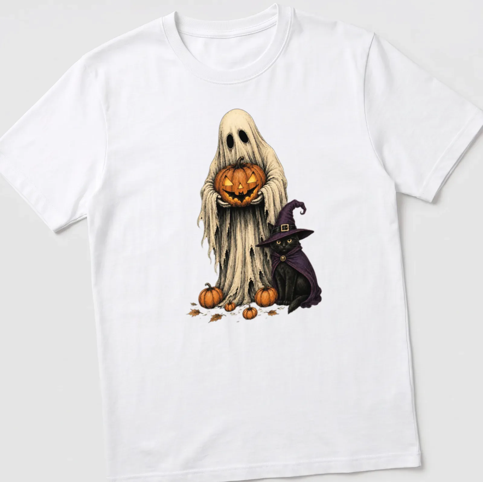 Vintage illustration of a spooky ghost and black cat next to a pumpkin in Halloween colors — printed on a unisex t-shirt