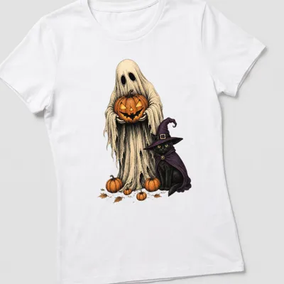 Vintage illustration of a spooky ghost and black cat next to a pumpkin in Halloween colors — printed on a women's shirt