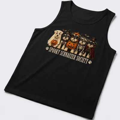 Vintage illustration of Schnauzer dogs in Halloween costumes with text above — printed on a tank top