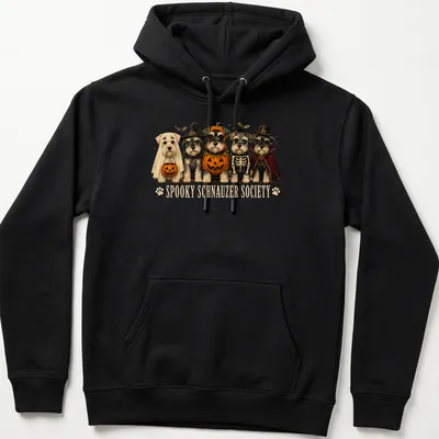 Vintage illustration of Schnauzer dogs in Halloween costumes with text above — printed on a unisex hoodie