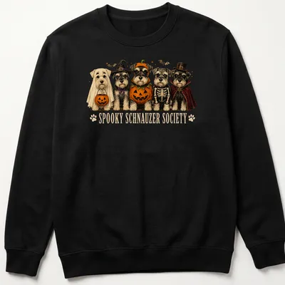 Vintage illustration of Schnauzer dogs in Halloween costumes with text above — printed on a unisex sweatshirt