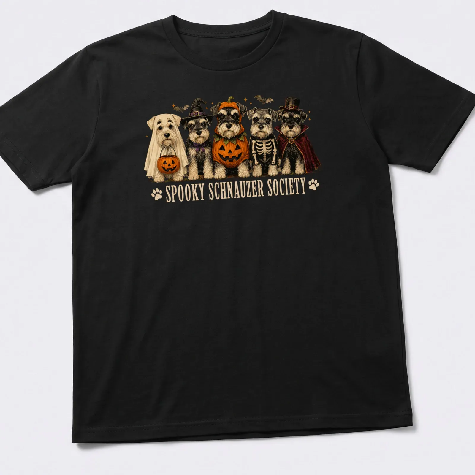 Vintage illustration of Schnauzer dogs in Halloween costumes with text above — printed on a unisex t-shirt