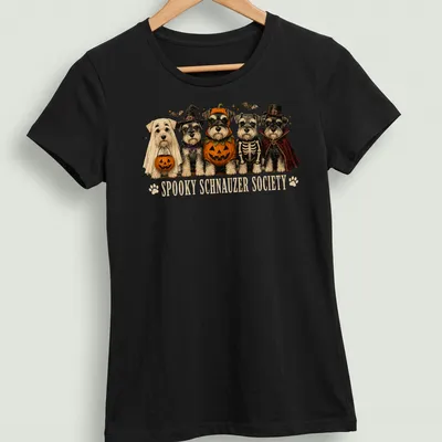 Vintage illustration of Schnauzer dogs in Halloween costumes with text above — printed on a women's shirt