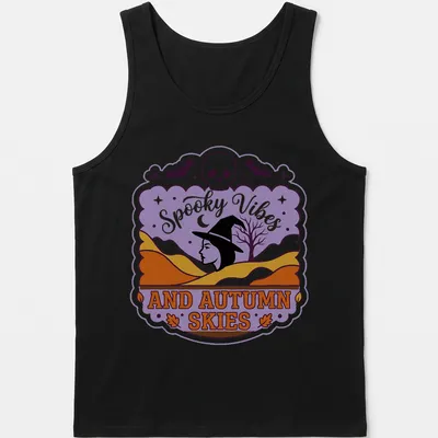 Vintage style T-shirt featuring witch silhouette and spooky vibes text in purple, orange, and black — printed on a tank top
