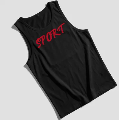 Red t-shirt with bold script typography spelling out 'SPORT' — printed on a tank top