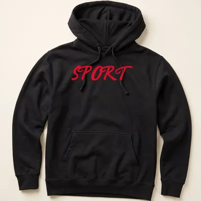 Red t-shirt with bold script typography spelling out 'SPORT' — printed on a unisex hoodie