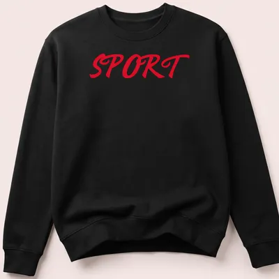 Red t-shirt with bold script typography spelling out 'SPORT' — printed on a unisex sweatshirt