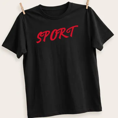 Red t-shirt with bold script typography spelling out 'SPORT'