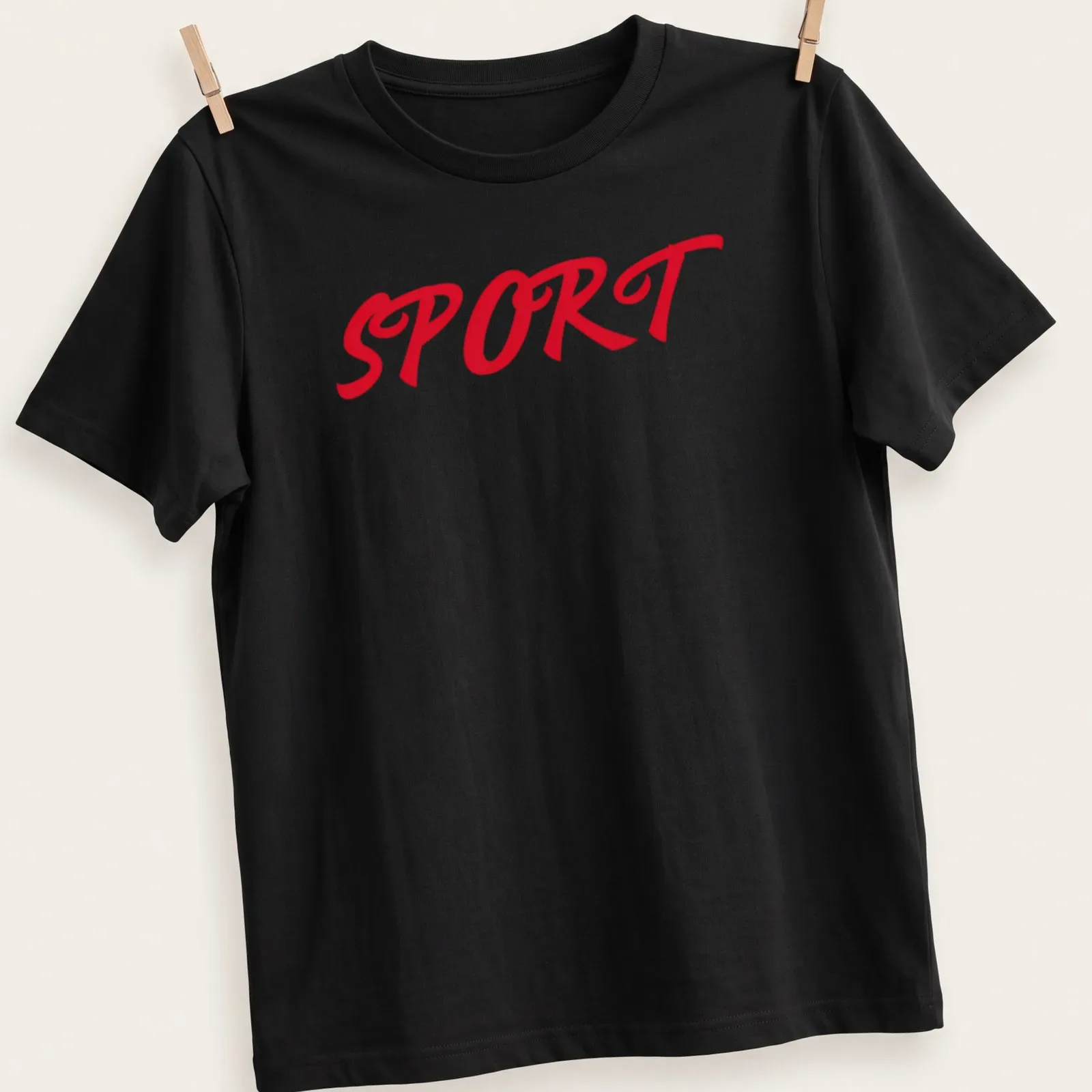 Red t-shirt with bold script typography spelling out 'SPORT' — printed on a unisex t-shirt