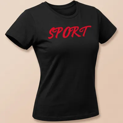 Red t-shirt with bold script typography spelling out 'SPORT' — printed on a women's shirt