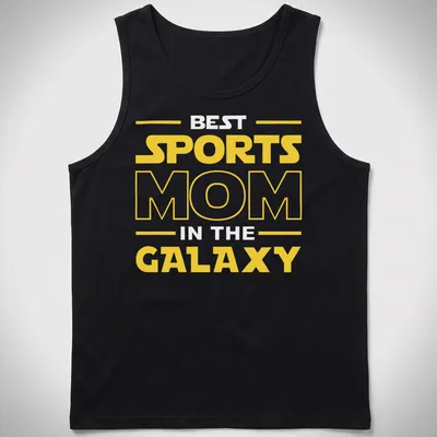 Bold yellow Sports Mom Galaxy t-shirt with modern typography — printed on a tank top