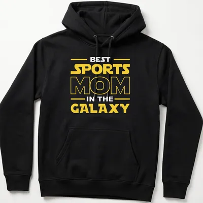 Bold yellow Sports Mom Galaxy t-shirt with modern typography — printed on a unisex hoodie