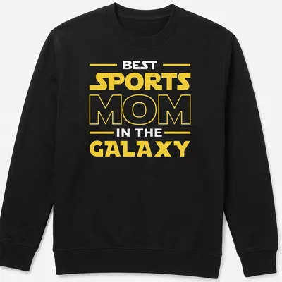 Bold yellow Sports Mom Galaxy t-shirt with modern typography — printed on a unisex sweatshirt