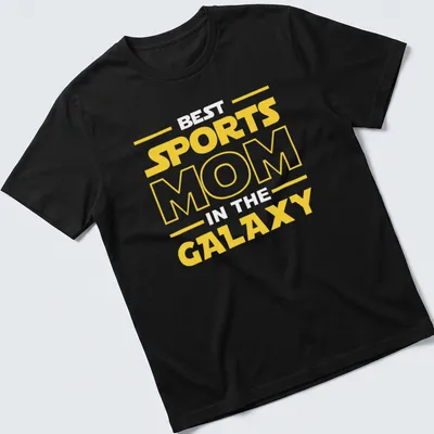 Bold yellow Sports Mom Galaxy t-shirt with modern typography