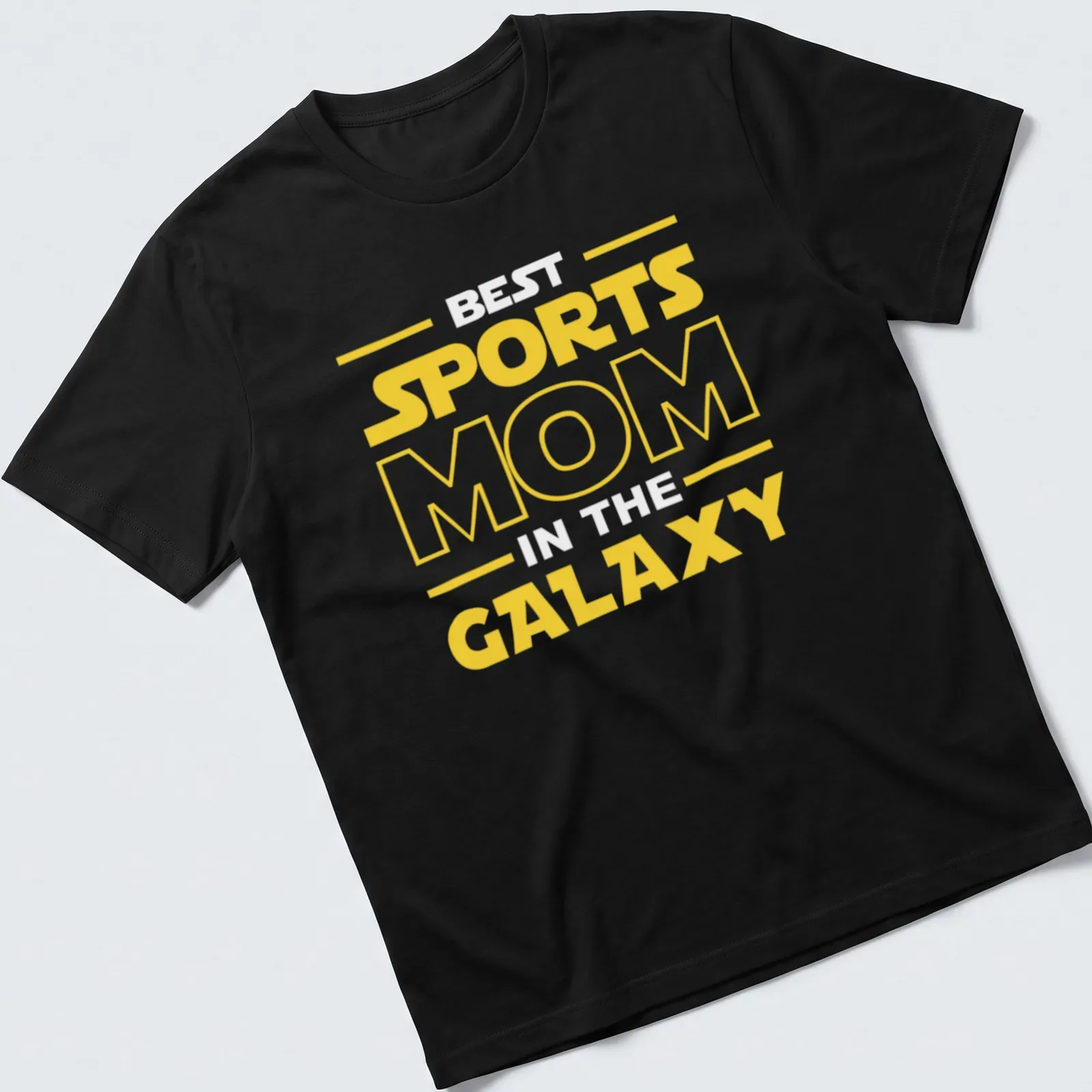Bold yellow Sports Mom Galaxy t-shirt with modern typography — printed on a unisex t-shirt