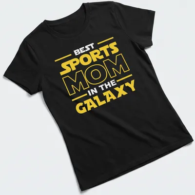 Bold yellow Sports Mom Galaxy t-shirt with modern typography — printed on a women's shirt