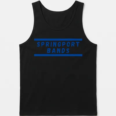 Blue block lettering SPRINGPORT BANDS t-shirt with horizontal border lines — printed on a tank top