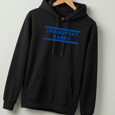 Blue block lettering SPRINGPORT BANDS t-shirt with horizontal border lines — printed on a unisex hoodie