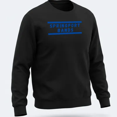 Blue block lettering SPRINGPORT BANDS t-shirt with horizontal border lines — printed on a unisex sweatshirt