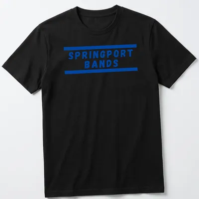 Blue block lettering SPRINGPORT BANDS t-shirt with horizontal border lines — printed on a unisex t-shirt