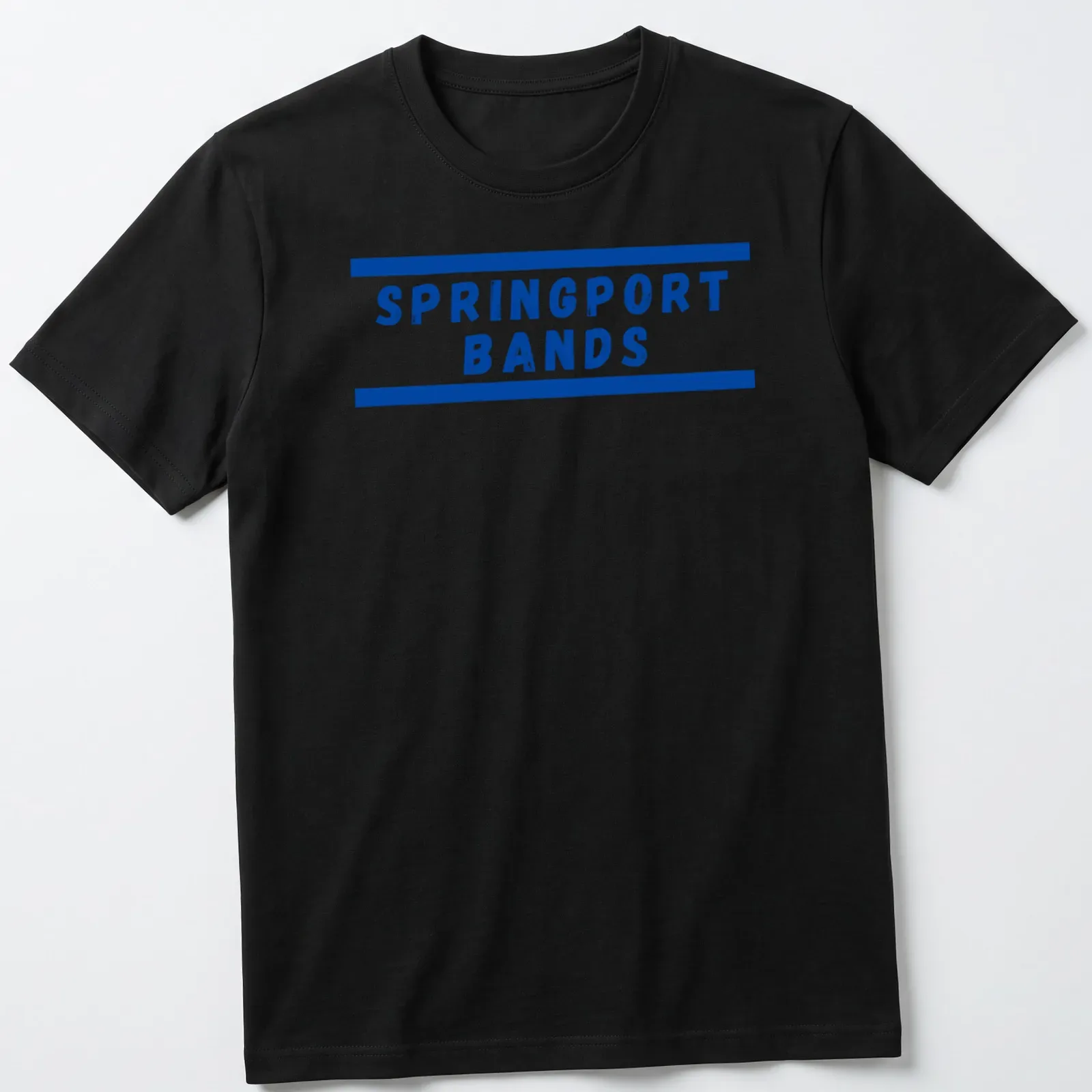 Blue block lettering SPRINGPORT BANDS t-shirt with horizontal border lines — printed on a unisex t-shirt