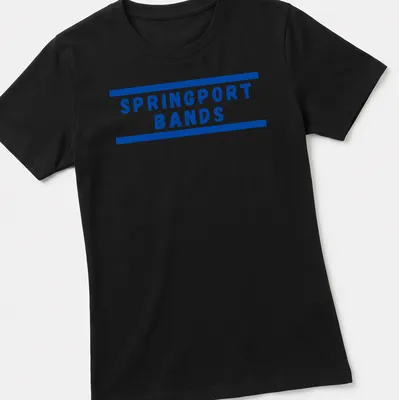 Blue block lettering SPRINGPORT BANDS t-shirt with horizontal border lines — printed on a women's shirt
