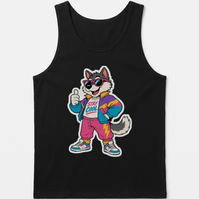 Retro 80s wolf character with sunglasses and Stay Cool text in bright colors — printed on a tank top