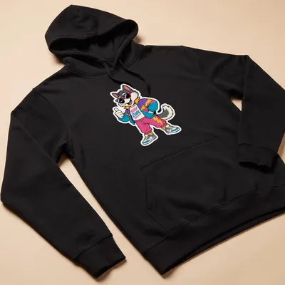 Retro 80s wolf character with sunglasses and Stay Cool text in bright colors — printed on a unisex hoodie